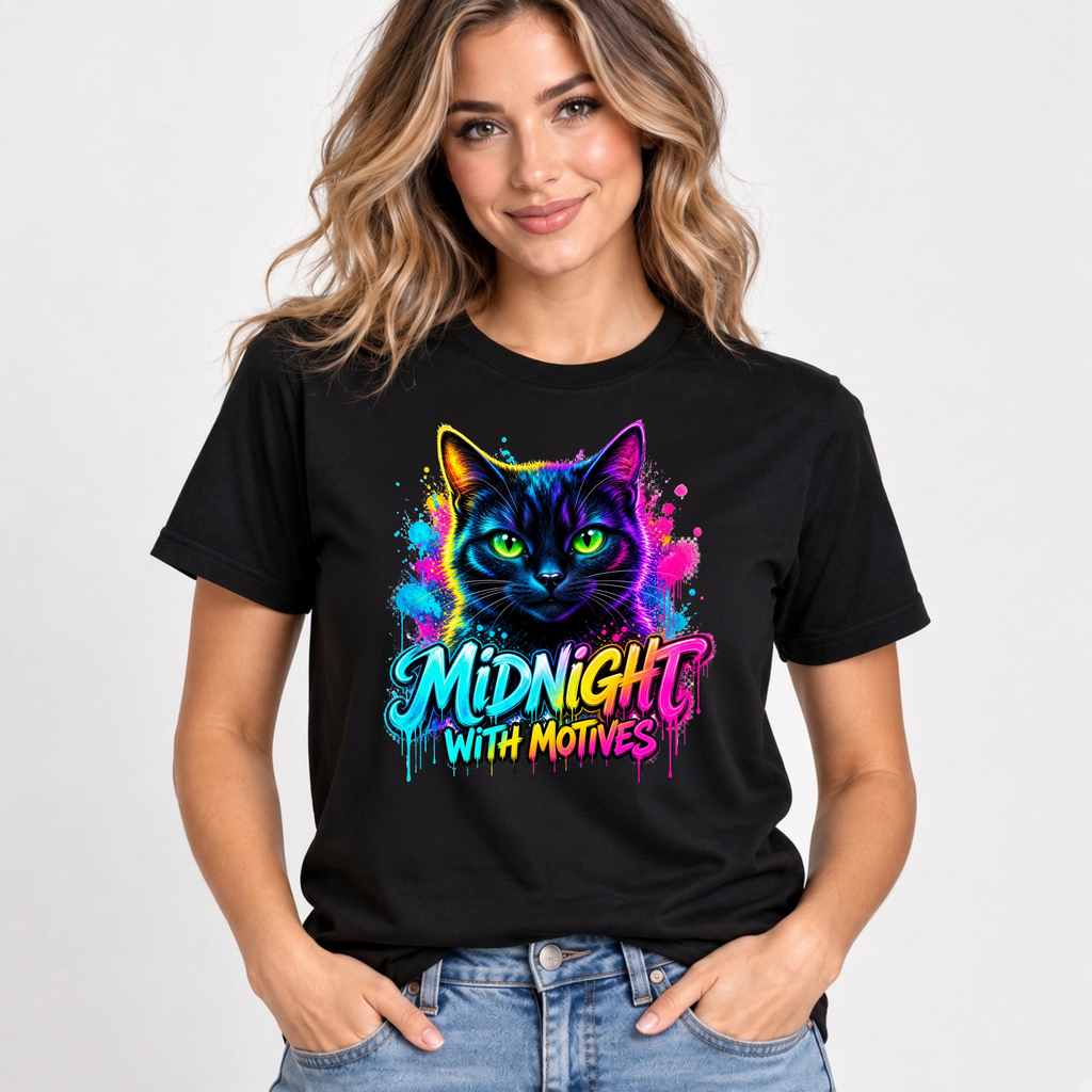 Midnight With Motives – Neon Black Cat T-Shirt