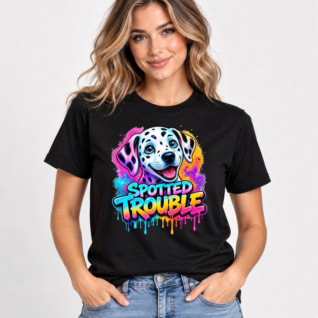 Spotted Trouble – Dalmatian Graphic T-Shirt