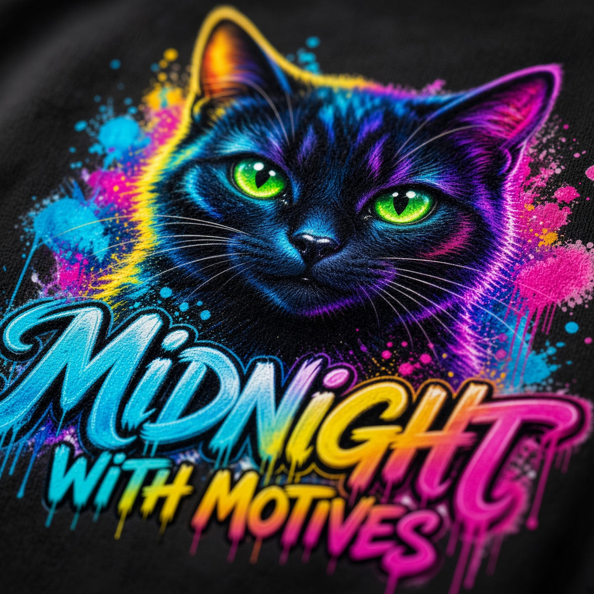Midnight With Motives – Neon Black Cat T-Shirt
