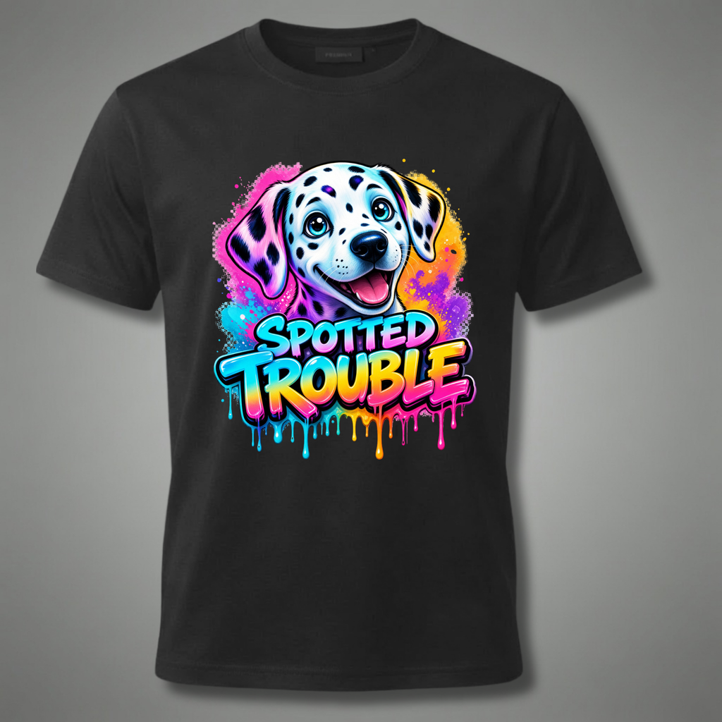 Spotted Trouble – Dalmatian Graphic T-Shirt
