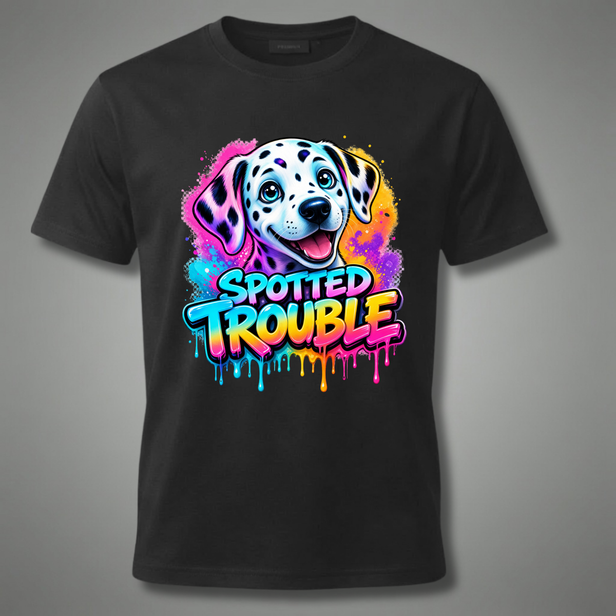 Spotted Trouble – Dalmatian Graphic T-Shirt
