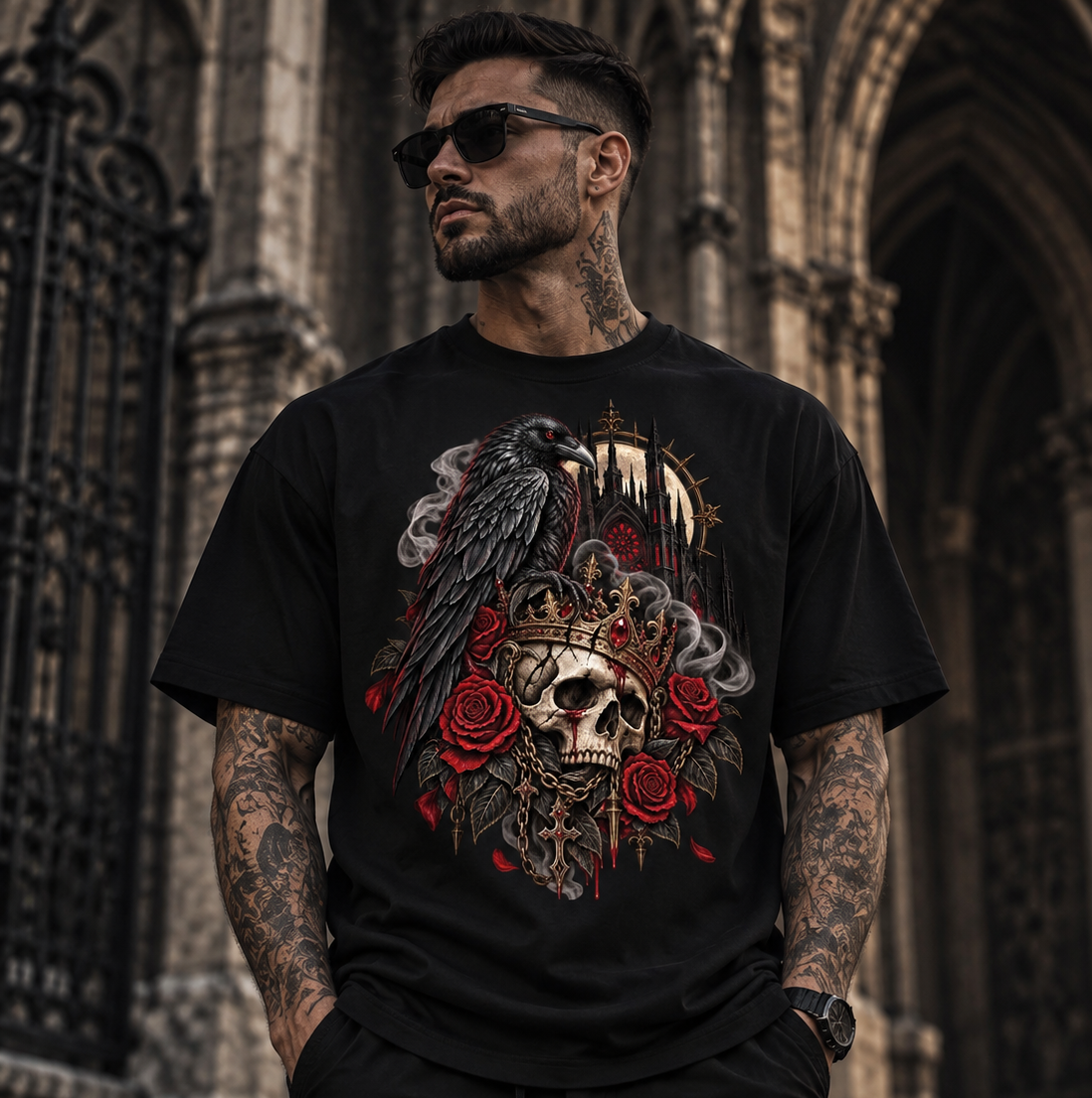 Black Omen – Gothic Raven Skull T-Shirt