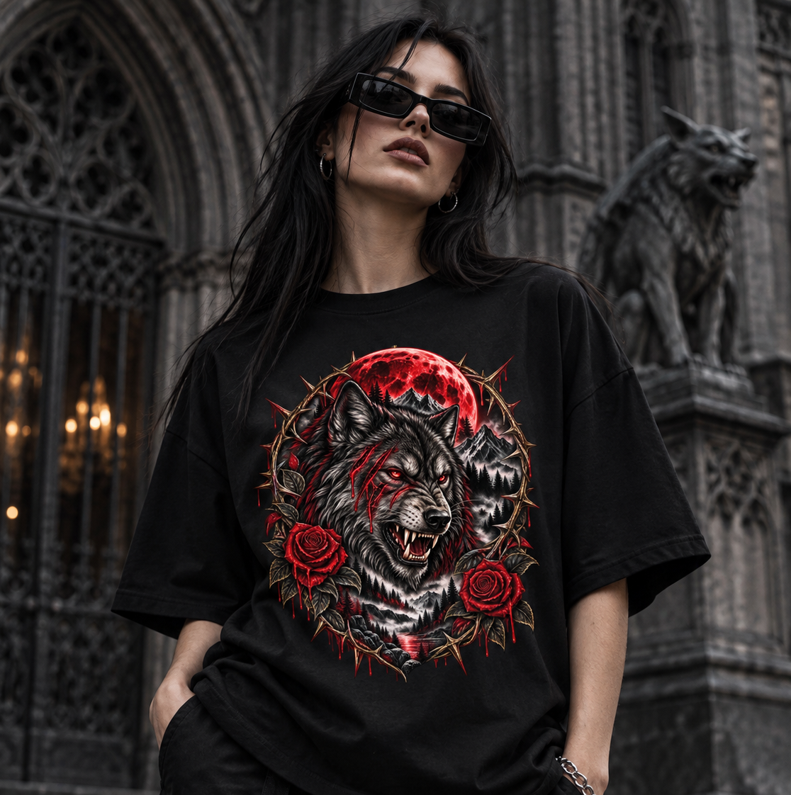 Blood Moon – Gothic Twin Wolf T-Shirt