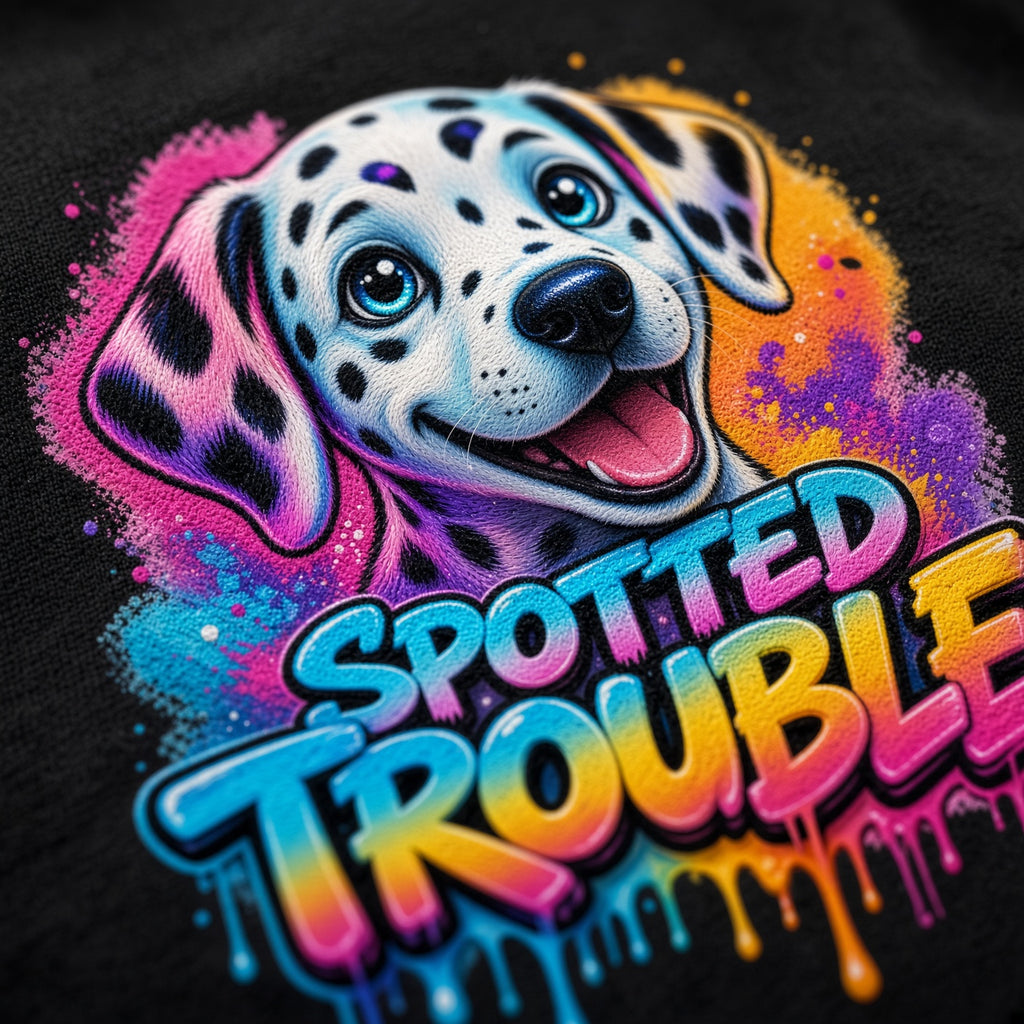 Spotted Trouble – Dalmatian Graphic T-Shirt